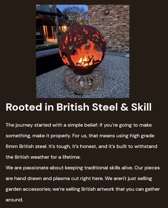 British fire pit product with locally supplied packaging and UK manufacturing